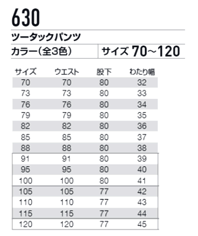 BURTLE(バートル)作業服630エコパンツサイズ表