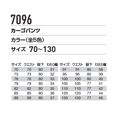 BURTLE(バートル)作業服7096カーゴパンツ男女兼用サイズ表